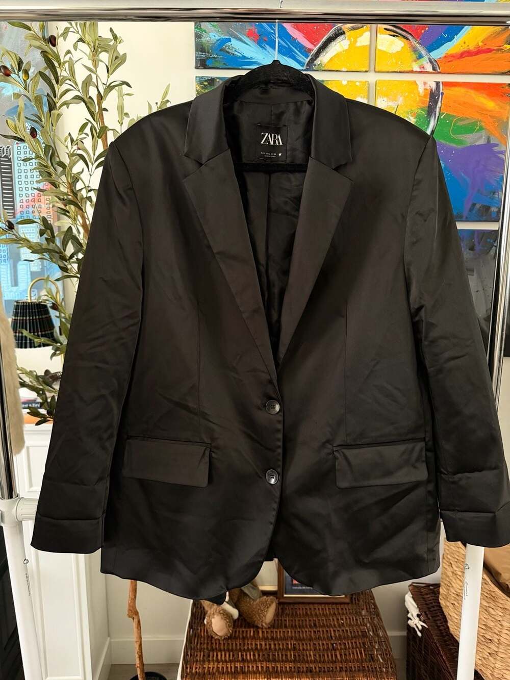 Zara Black Chic Satin Evening Formal Blazer Two Button Closure Size L